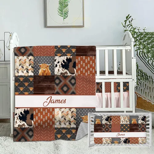 Miniatura 13 de Juego de cama personalizado para bebé, edredón para cuna con nombre personalizado y sábana bajera para niños y niñas, color verde vaca de tierra