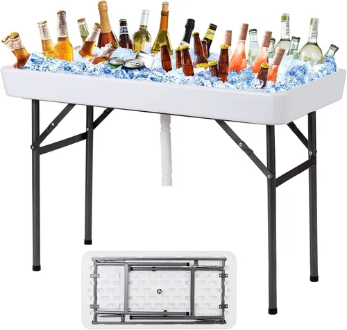 Miniatura 13 de Giantex Mesa enfriadora de hielo plegable, mesa de barra fría para exteriores de 46 pulgadas con drenaje, cubo plegable y falda extraíble a juego