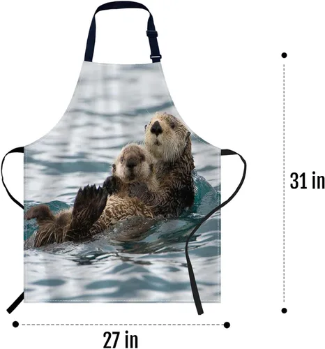 Miniatura 5 de oFloral Delantal de Babero con Animales Nutrias Marinas Jugando en el Agua Nadando con Cuello Ajustable para Hombres y Mujeres, Adecuado para Cocina