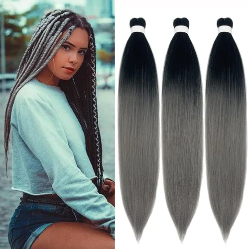 Cabello trenzado gris degradado preestirado Kanekalo gris trenzado preestirado degradado de 26 pulgadas, extensiones de cabello sintético para