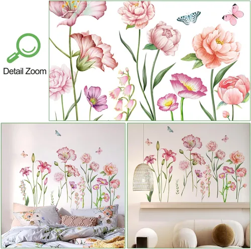 Miniatura 3 de Amaonm - Adhesivo de pared extraíble de flores frescas y mariposa voladora, libélula azul, rosa, lirio, amapola, peonía, floral, calcomanía de pared
