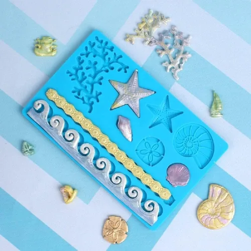 Miniatura 2 de Sea Shell Silicona Fondant Molds Beach Theme Cake Decorating Starfish, Coral, Conch, Sea Wave Designs, Food Grade Platinum Silicone, For