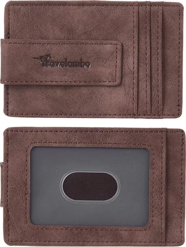 Miniatura 3 de Travelambo Portamonedas con clip para el dinero para hombres, cartera de cuero delgada minimalista, titular de tarjeta con bloqueo RFID