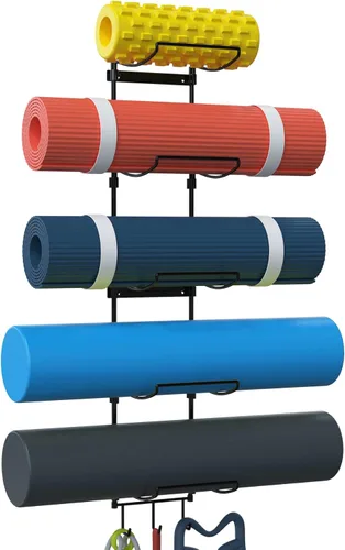 Soporte para tapete de yoga, organizador de pared, rodillo de espuma de almacenamiento y bloque, con 5 secciones y 3 ganchos para colgar correa de
