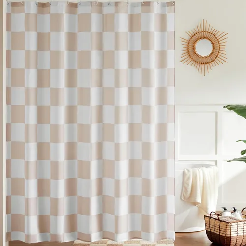 Ohocut Cortina de ducha a cuadros, cortinas de ducha beige para baño, bonita cortina de ducha retro a cuadros estética vintage, cortina de baño de