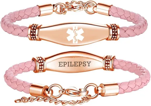 Miniatura 28 de LinnaLove Pulseras de alerta médica para mujeres, hermosas pulseras de cuero femenino para identificación médica con grabado gratuito