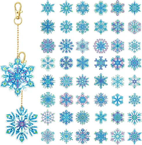 Equsion Juego de 50 llaveros de pintura de diamante de copo de nieve de doble cara para Navidad 5D DIY Diamond Art Llaveros colgantes de adorno para