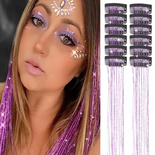 Miniatura 13 de Paquete de 12 extensiones de cabello de oropel con clip, 24 pulgadas, accesorios para el cabello de hada brillante para niñas y mujeres, fiesta