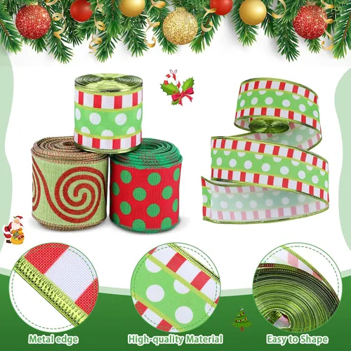 Miniatura 5 de 3 rollos de cinta de Navidad con alambre de 30 yardas, cinta de envoltura de Navidad roja y verde lima, 2.56 pulgadas de ancho, cintas de tela