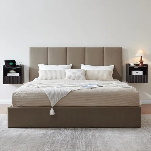 Miniatura 9 de BuildHom Moderna mesita de noche flotante acanalada montada en la pared, juego de 2 mesitas de noche con cajón de almacenamiento y estante