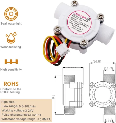 Miniatura 7 de DIGITEN G3/8 Sensor de flujo de agua Bruja, medidor de flujo de efecto Hall Medidor de fluido líquido Sensor Sensor Medidor de flujo 0.3-10L/min