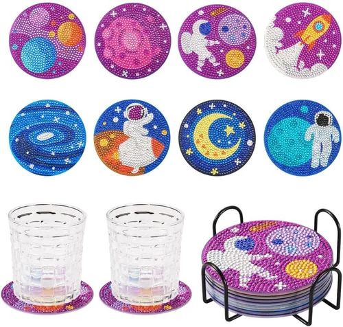 Miniatura 9 de FASHEWELRY 8 posavasos de arte de diamante con soporte para abejas, kit de posavasos de pintura de diamantes para bebidas, kits de arte de diamantes
