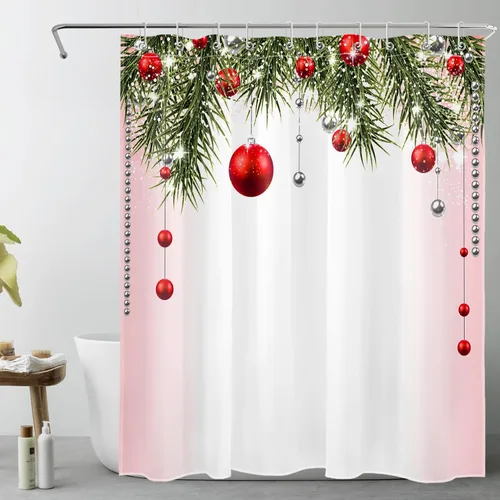 Miniatura 9 de Cortina de ducha de Feliz Navidad, bolas de Navidad azules y ramas de pino verde en tela blanca moderna, cortina de ducha para baño, cortina de baño