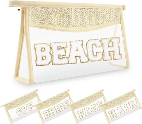 Miniatura 10 de Pequeñas bolsas de maquillaje transparentes de paja bohemia para mujeres y niñas, bolsa de cosméticos con cremallera de chenilla, bolsa de parche
