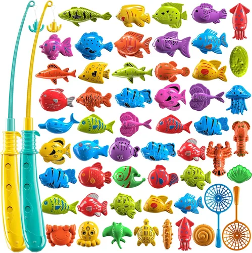 TEMI - Juego de pesca para niños de 3, 4, 5, 6, 7, 8 años, juego de baño con 51 peces para niños pequeños, juguete con caña magnética y red de