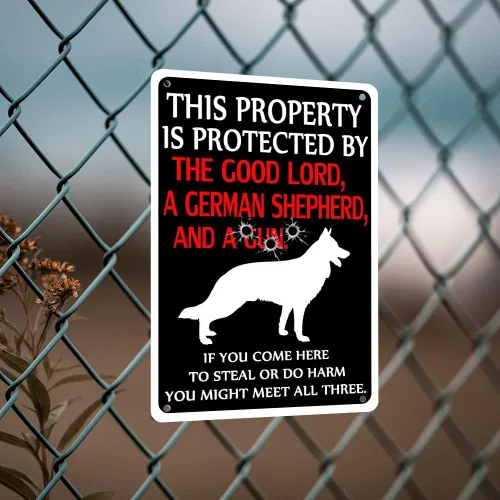 Miniatura 7 de Letrero de Metal Cuidado con el Perro - Letreros de Advertencia Divertidos para Propiedad Protegida por Pastores Alemanes - Letrero de Hojalata