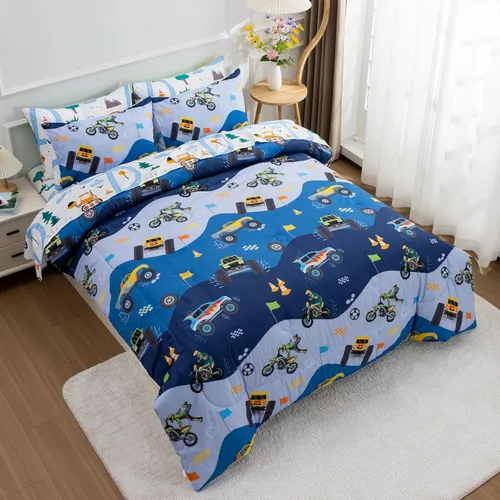 Miniatura 3 de A Nice Night Juego de edredón de 5 piezas de cama en una bolsa, diseño de caricaturas de dibujos animados para niños, juego de ropa de cama de Azul
