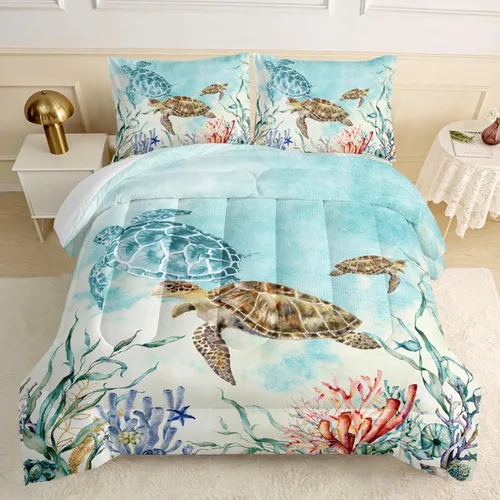 Miniatura 25 de CVHOUSE - Juego de edredón de tortuga marina, juego de cama de tortuga marina oceánica para niños y adolescentes, juego de edredón de tortuga marina