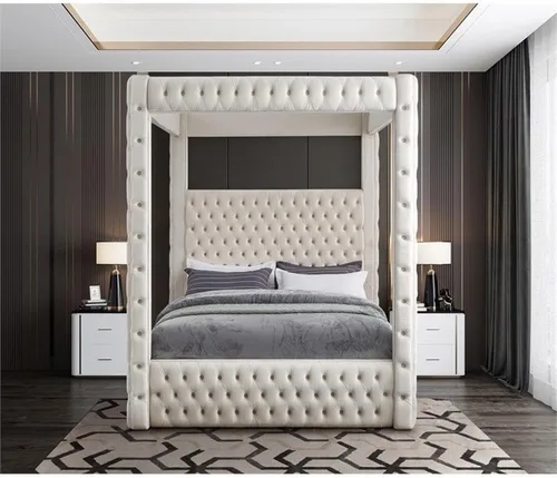 Miniatura 5 de Meridian Furniture RoyalCream-Q Colección Royal moderna, cama Queen tapizada de terciopelo contemporáneo con terciopelo crema suave, acolchado