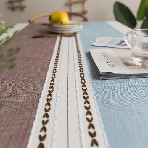 Miniatura 4 de Mantel rústico bordado con borla, lino de algodón sin arrugas, antidecoloración, lavable, a prueba de polvo, para comedor, cocina, fiesta, Azul