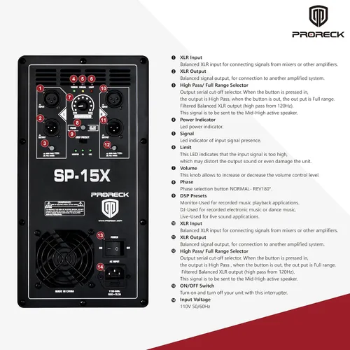 Miniatura 6 de PRORECK SP-15X Gabinete de subwoofer PA DJ activo de 15 pulgadas, 2000 W, P.M.P.O con amplificador de clase D, 3 monitores preestablecidos DSP