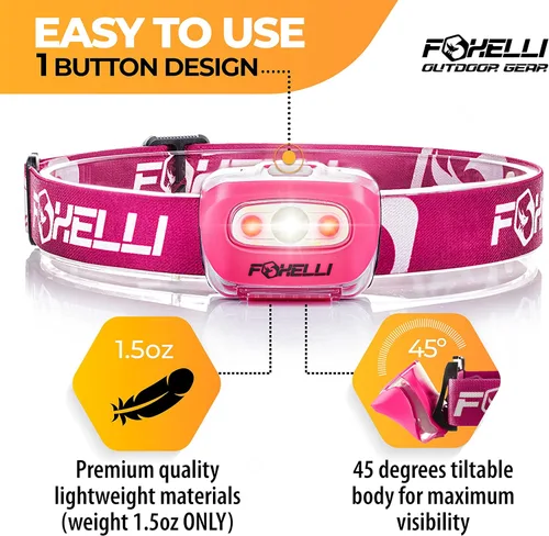 Miniatura 2 de Foxelli Linterna de Cabeza LED para Adultos y Niños, para Correr, Acampar, Hacer Senderismo, Faro de Cabeza con Luz Blanca y Roja, Diadema Cómoda