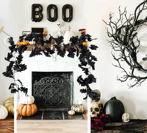 Miniatura 6 de Guirnalda de Halloween para decoración de mesa de interior, decoración de pared de otoño, hojas de arce negro, decoración de vid para el hogar