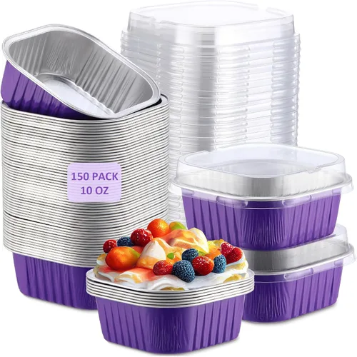 Miniatura 20 de Aoriher 150 piezas de moldes mini para pasteles de 10 onzas con tapas, tazas de horneado de papel de aluminio cuadradas desechables de 4" x 4