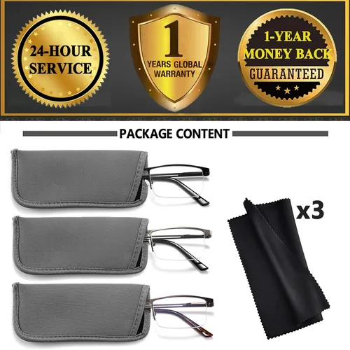 Miniatura 6 de Paquete de 3 gafas de lectura para hombre, bloqueo de luz azul, lectores rectangulares de metal semi sin montura para hombres, antifatiga Negro