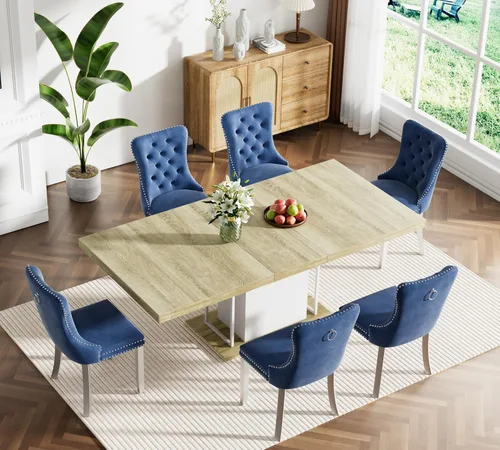 Miniatura 83 de Juego de mesa de comedor extensible marrón de 63 a 78.74 pulgadas para 4, juego de mesa de comedor de 5 piezas con 4 sillas, mesa de cocina