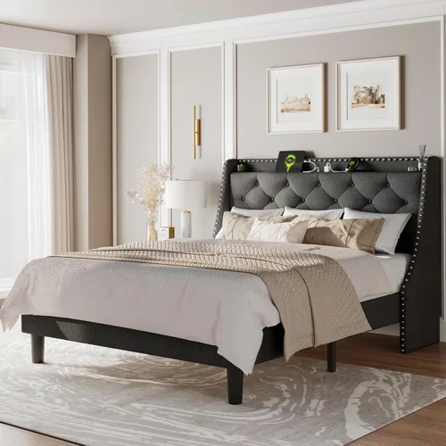 Miniatura 8 de Feonase - Base de cama tamaño completo con respaldo de alas de lujo y estación de carga rápida, base de cama tapizada con botones y cabecera