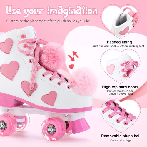Miniatura 5 de Ruthfot Patines clásicos para mujeres y niñas con ruedas iluminadas y patrón de corazón de amor, patines de cuero PU de caña alta.. Blanco