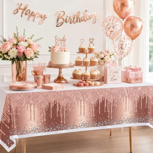 Miniatura 4 de 3 manteles desechables de polietileno de 71 x 42 pulgadas con diamantes, color oro rosa, para cumpleaños, bodas, baby shower, aniversario, fiesta