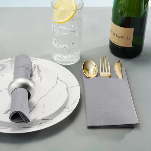 Miniatura 4 de Servilletas desechables de lino con bolsillo integrado para cubiertos, paquete de 50 servilletas de papel gris preplegadas como servilletas de papel