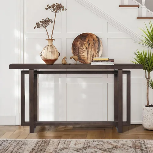 Miniatura 9 de Mesa de sofá de 59.05 pulgadas para sala de estar, mesa consola Morden, mesa rectangular estrecha de madera maciza con patas de madera de goma