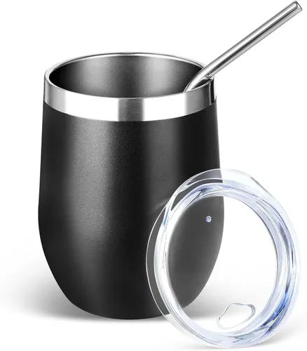 Volhoply Vaso de vino de acero inoxidable de 12 onzas con tapa y pajita, copas de vino sin tallo con aislamiento al vacío de doble pared, taza de