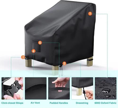 Miniatura 3 de Fundas para sillas de patio, impermeables, paquete de 2, tela Oxford 600D resistente, 29 pulgadas de ancho x 30 pulgadas de profundidad x 36 Negro
