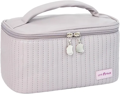 Miniatura 3 de Bolsa de maquillaje de viaje, estuche de cosméticos con soporte para brochas de maquillaje, organizador portátil de piel sintética para mujer, Café