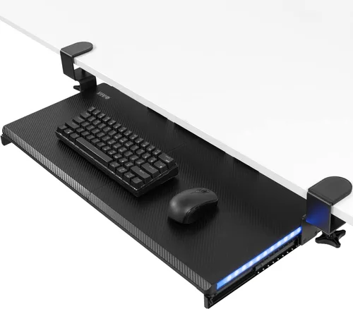 VIVO Bandeja grande para teclado debajo del escritorio con luces laterales LED RGB, montaje con abrazadera en C, 27 (33 abrazaderas incluidas) x 11