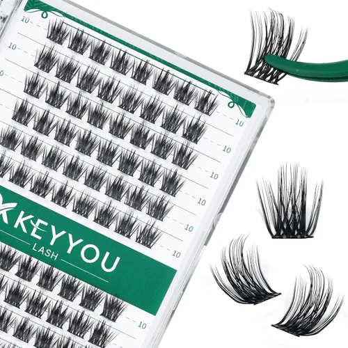 Miniatura 19 de KEYYOU Racimos de pestañas, 96 piezas de extensiones de pestañas DIY, rizado D de 16 mm, negro, realista, no irritante, fácil de colocar en casa