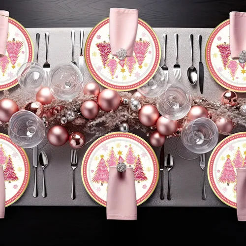 Miniatura 6 de 40 platos de Navidad de 9 pulgadas, platos de papel desechables de papel de lámina dorada, platos de fiesta de árbol de Navidad rosa para fiestas