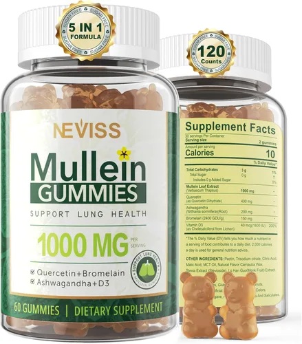 NEVISS Gomitas de gordolobo para pulmones, extracto orgánico de hoja de gordolobo de 1000 mg para sistema respiratorio con quercetina y bromelina,