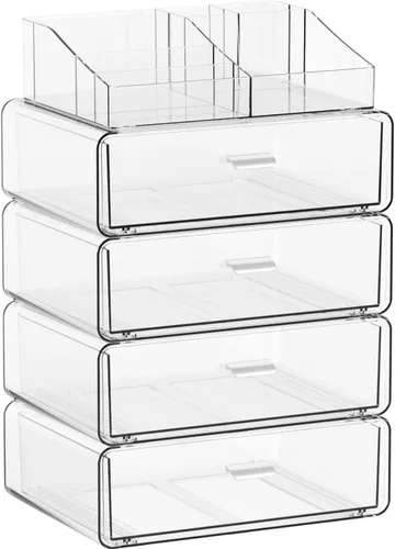 Miniatura 11 de Yieach Organizadores de maquillaje de 3 niveles en acrílico transparente con 2 cajones, soporte de maquillaje tiered de escritorio y organizadores