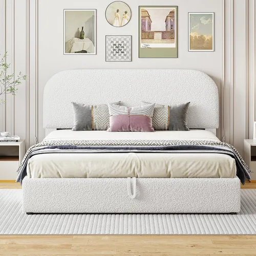 Miniatura 13 de Cama de Plataforma Tapizada con Forma Curva con Cabecera de Forma Curva, Marco de Cama de Madera Tamaño Full para Dormitorio de Niños y Adultos
