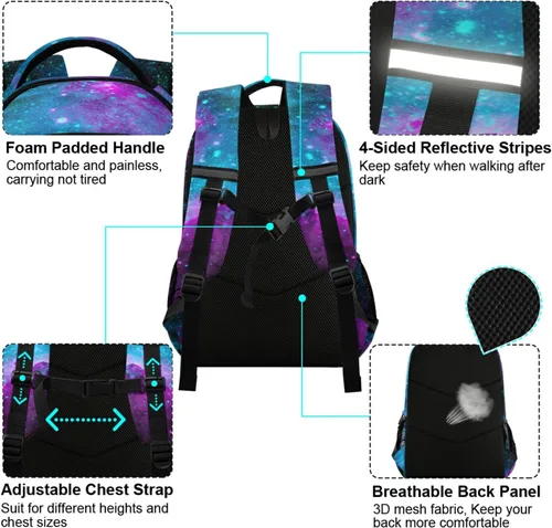 Miniatura 4 de Mochila para laptop con diseño de dinosaurio, color rosa y azul, con diseño de galaxia, bolsa de viaje, casual, con correa para el pecho, para niños
