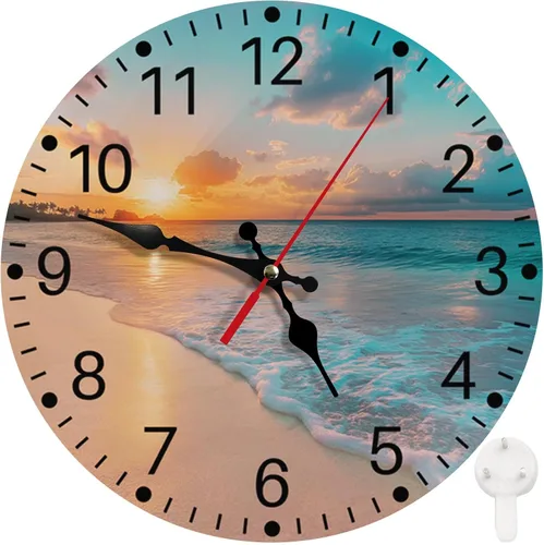Miniatura 8 de Britimes Reloj de pared, cuadrado, silencioso, sin tictac, funciona con pilas, 12 pulgadas, mar, playa, cielo azul, arena, decoración del hogar