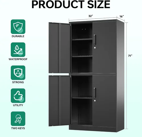 Miniatura 3 de Letaya - Armario de almacenamiento de metal con puerta con cerradura, estantes ajustables de acero para oficina, hogar, despensa, cocina, armario
