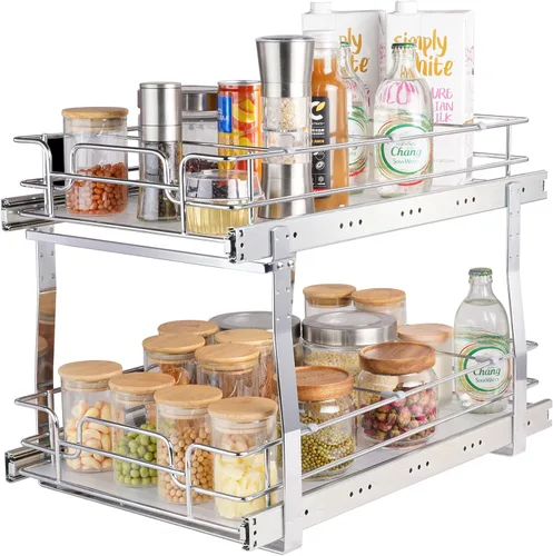Miniatura 12 de VEVOR Organizador de Gabinete Extraíble de 2 Niveles 18.7"An×21"Pr×3.2"Al, Estantes de Despensa Deslizables de Servicio Pesado, Cajones Deslizantes
