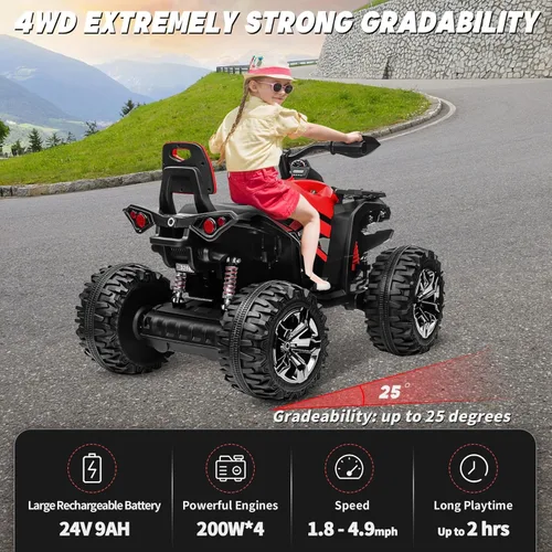 Miniatura 2 de ATV 4 ruedas para niños, juguetes de paseo de 24 V 4WD con 2 plazas, motor potente de 4 x 200 W, funciona con batería de 9 AH, música Bluetooth, Rojo