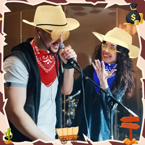 Miniatura 4 de Newcotte Juego de 18 Piezas de Sombreros de Plástico de Vaquero Occidental Incluye 6 Sombreros 6 Bandanas Paisley 6 Pares de Gafas